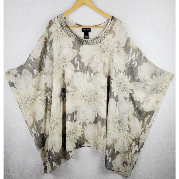 Bohemian 3X Scarf Tank Top Combo Set Whimsical Neutral Floral Bead Kimono Tunic - Picture 1 of 8